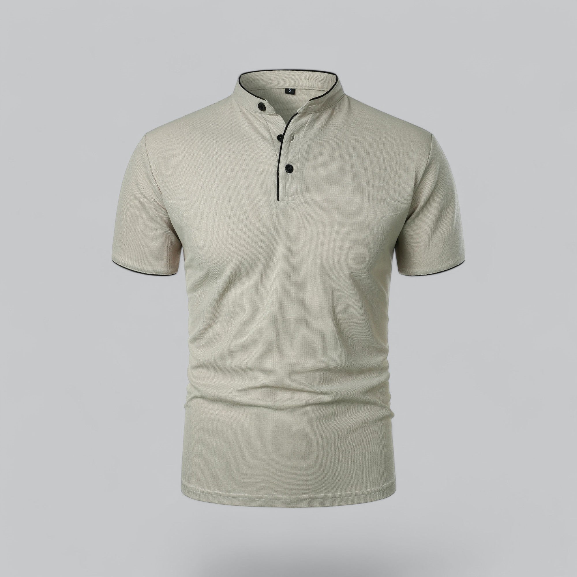 Men's short-sleeve collarless polo shirt with Mandarin collar and button placket