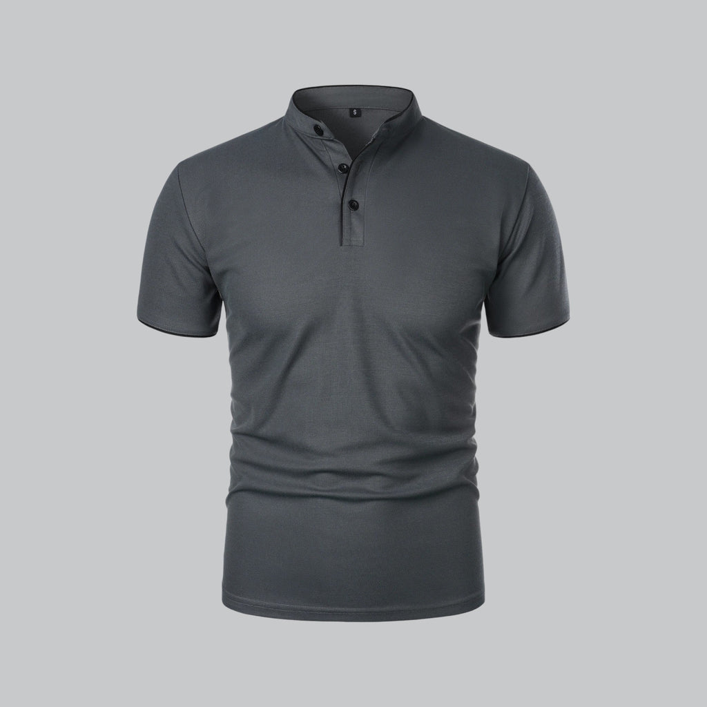 Men's short-sleeve collarless polo shirt with Mandarin collar and button placket