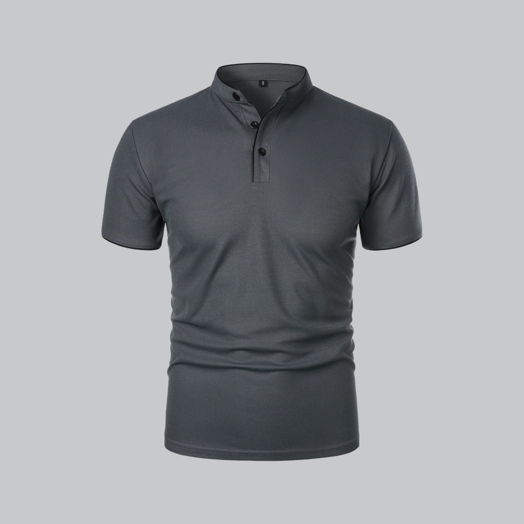 Men's short-sleeve collarless polo shirt with Mandarin collar and button placket