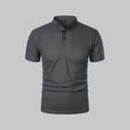 Men's short-sleeve collarless polo shirt with Mandarin collar and button placket