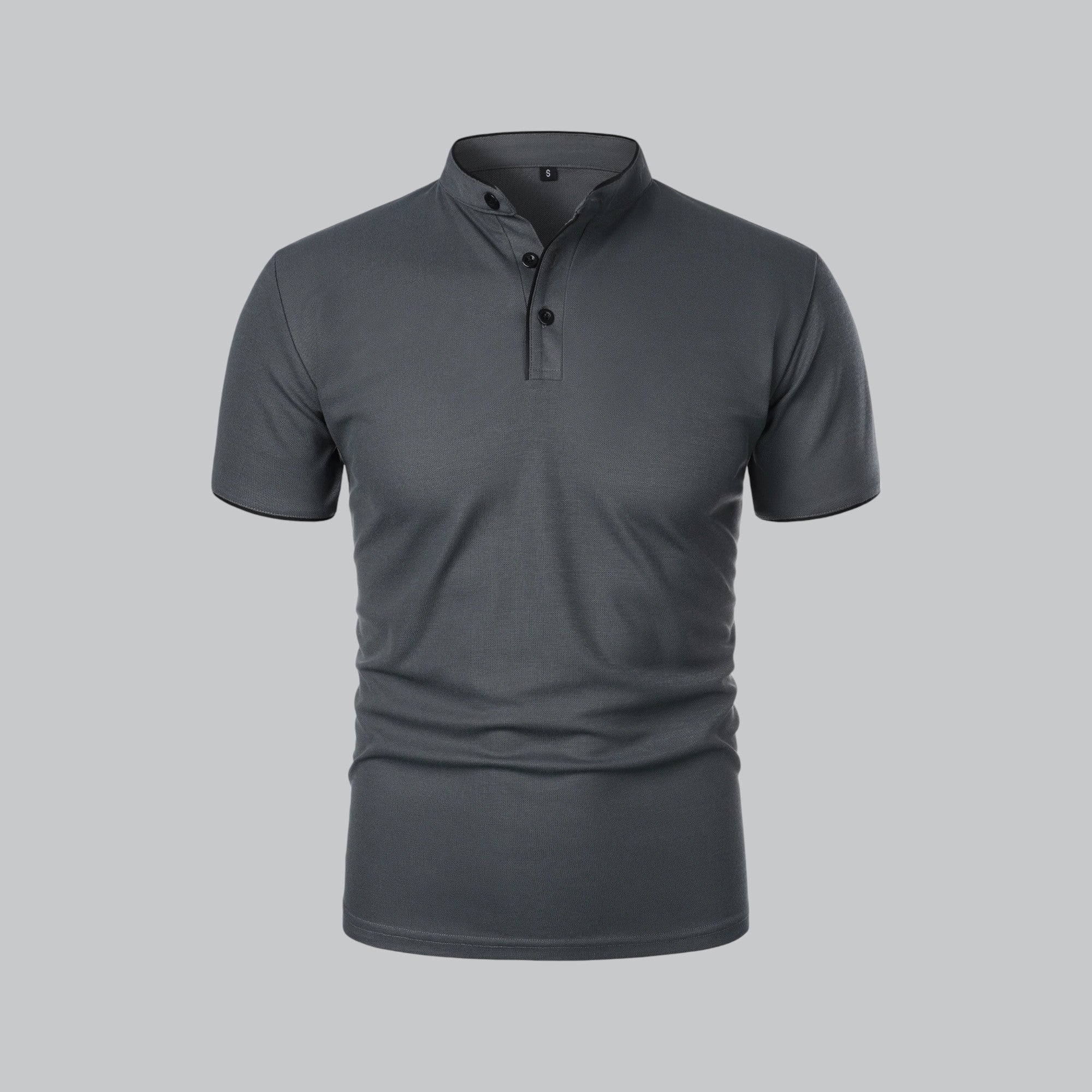 Men's short-sleeve collarless polo shirt with Mandarin collar and button placket