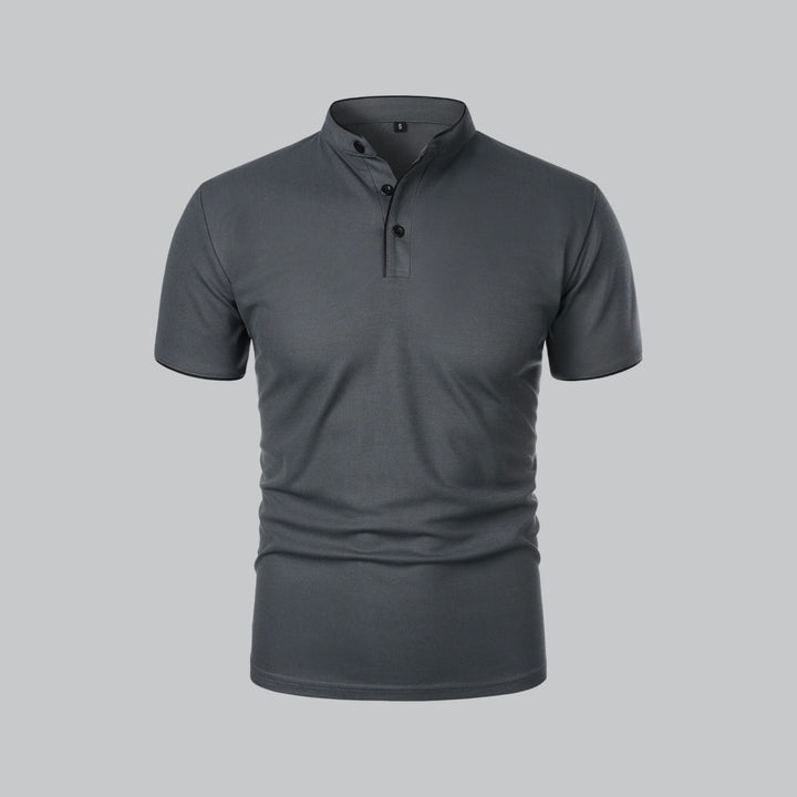 Men's short-sleeve collarless polo shirt with Mandarin collar and button placket