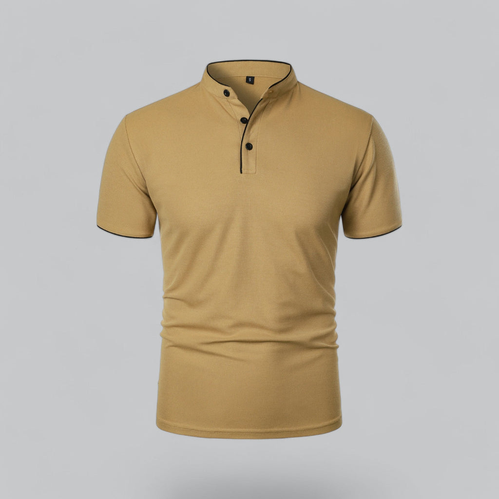 Men's short-sleeve collarless polo shirt with Mandarin collar and button placket