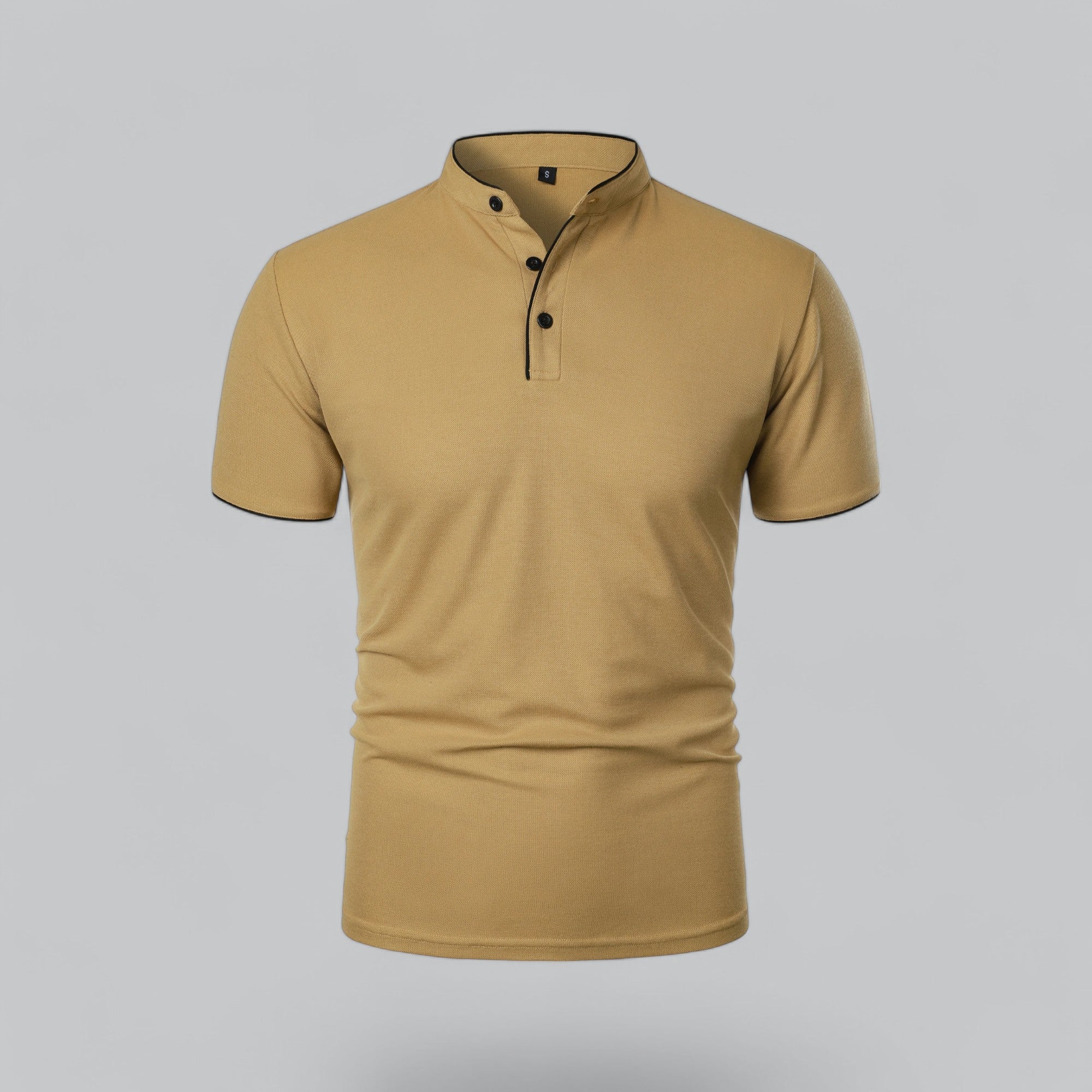 Men's short-sleeve collarless polo shirt with Mandarin collar and button placket
