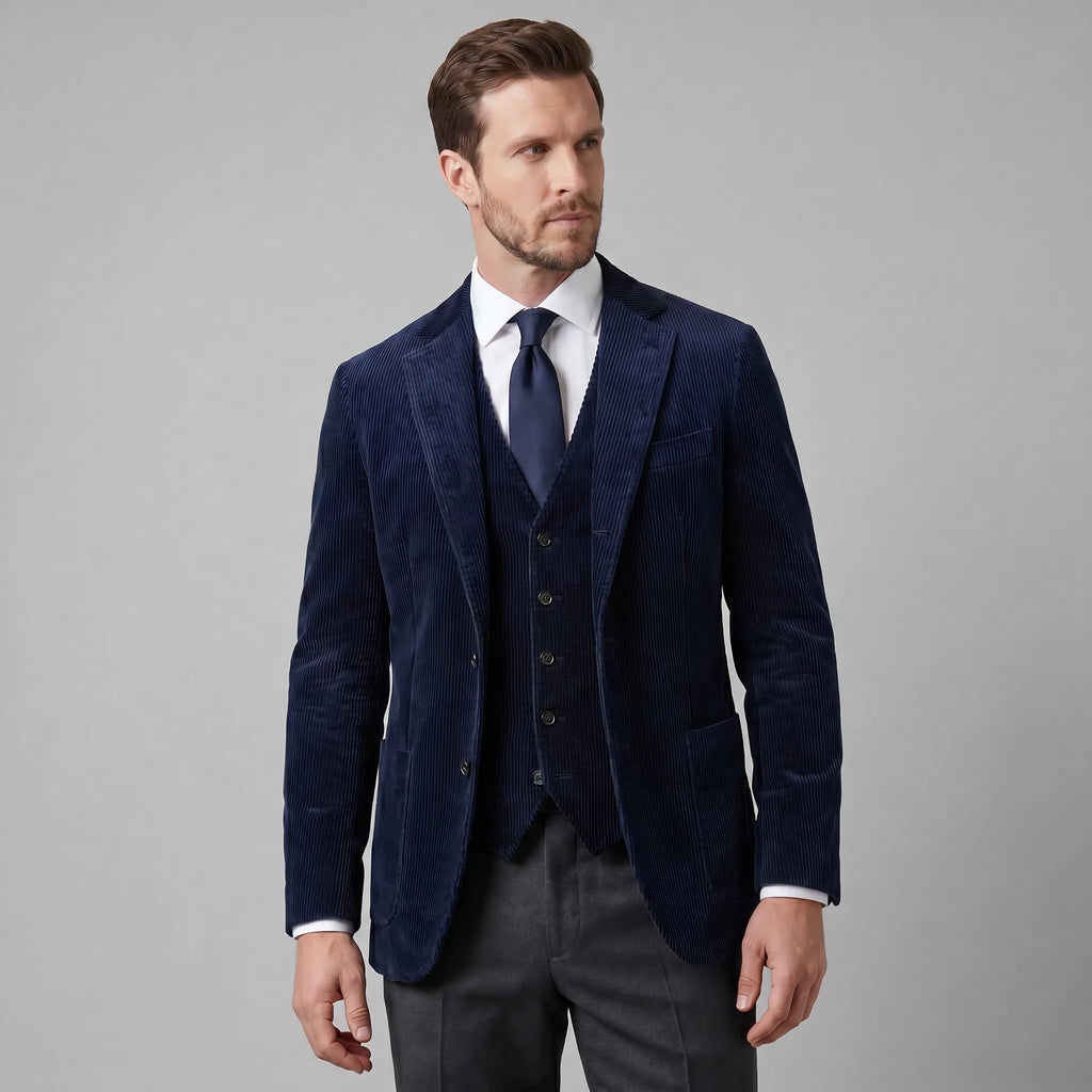 Men's ribbed blazer and button-front waistcoat set with notched lapels