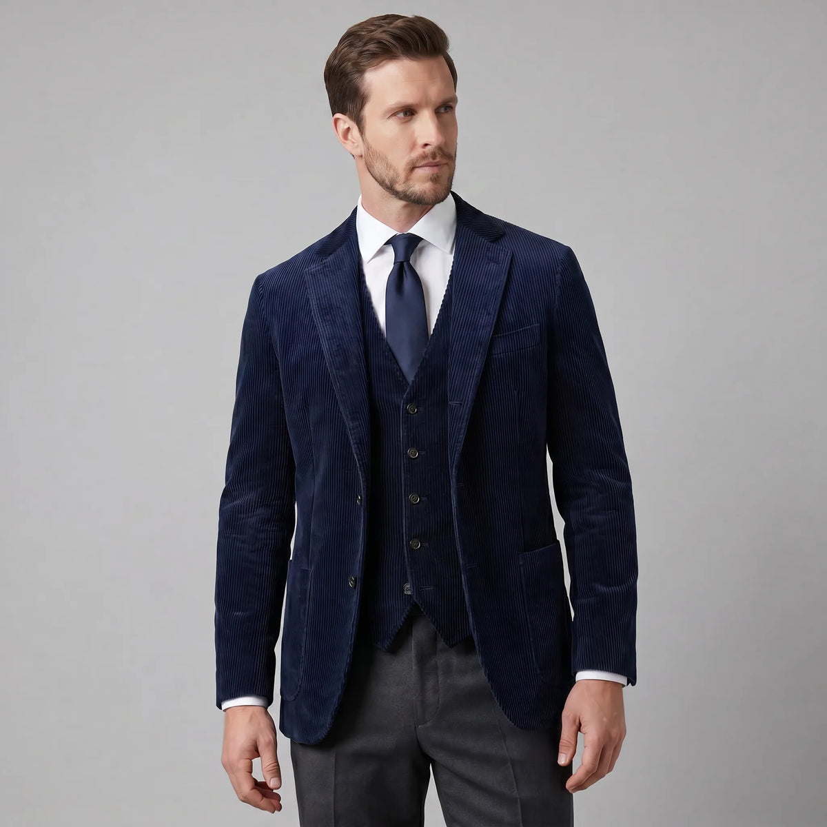 Men's ribbed blazer and button-front waistcoat set with notched lapels