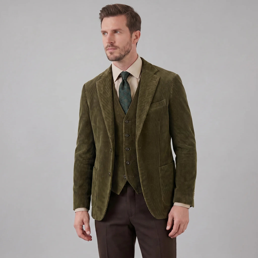 Men's ribbed blazer and button-front waistcoat set with notched lapels