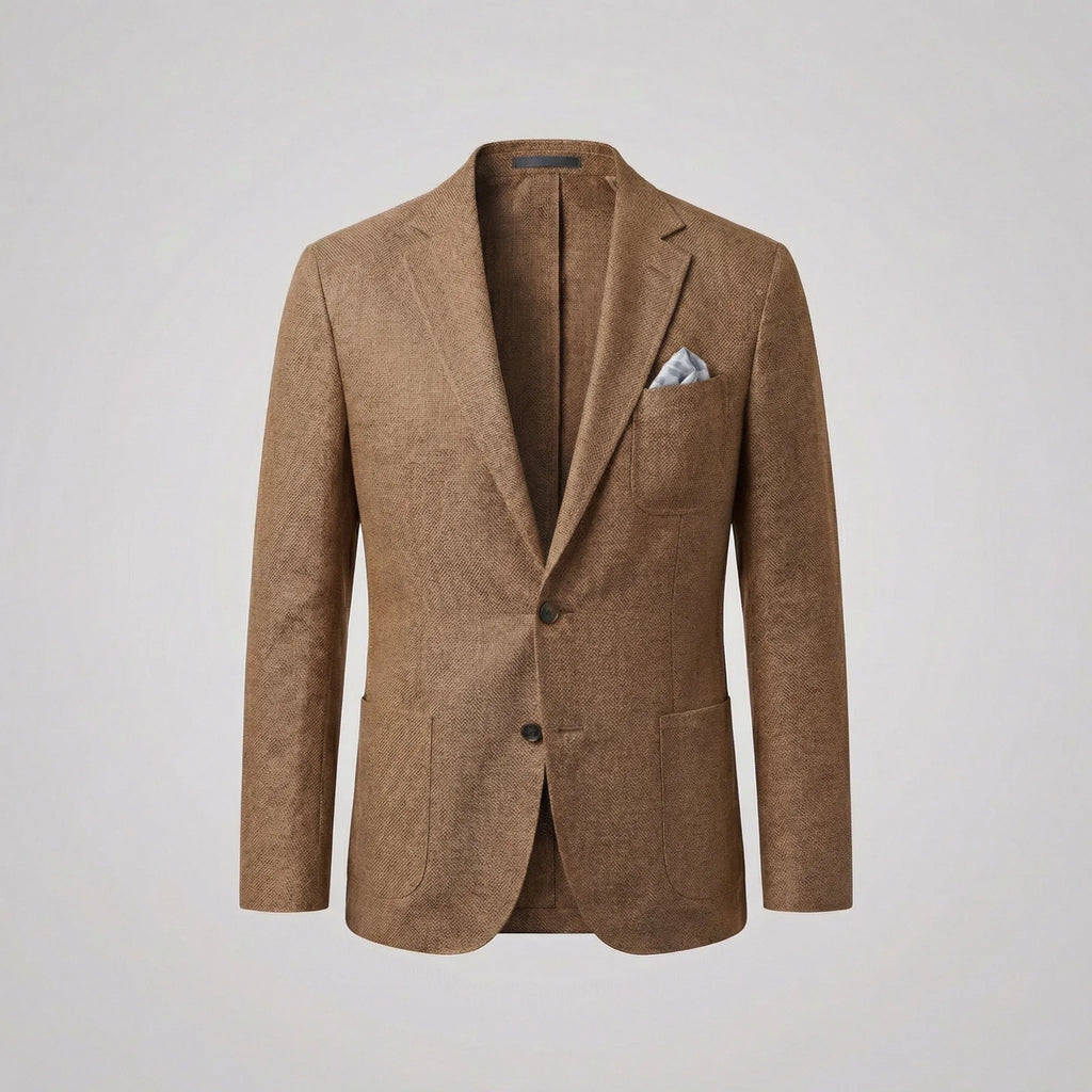 Men's textured single-breasted blazer with notched lapels and front pockets