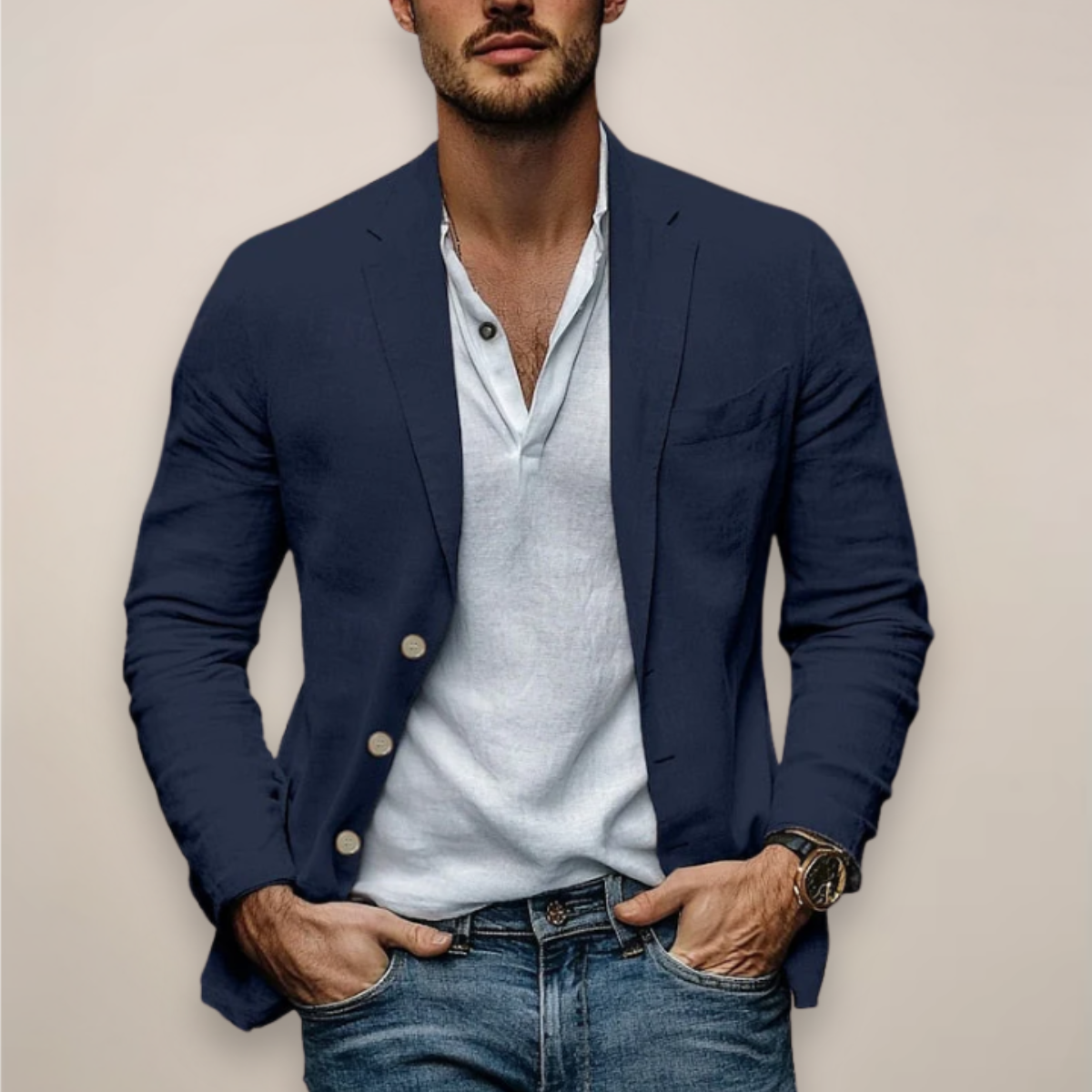 Men's casual blazer with notched lapels, long sleeves and pockets