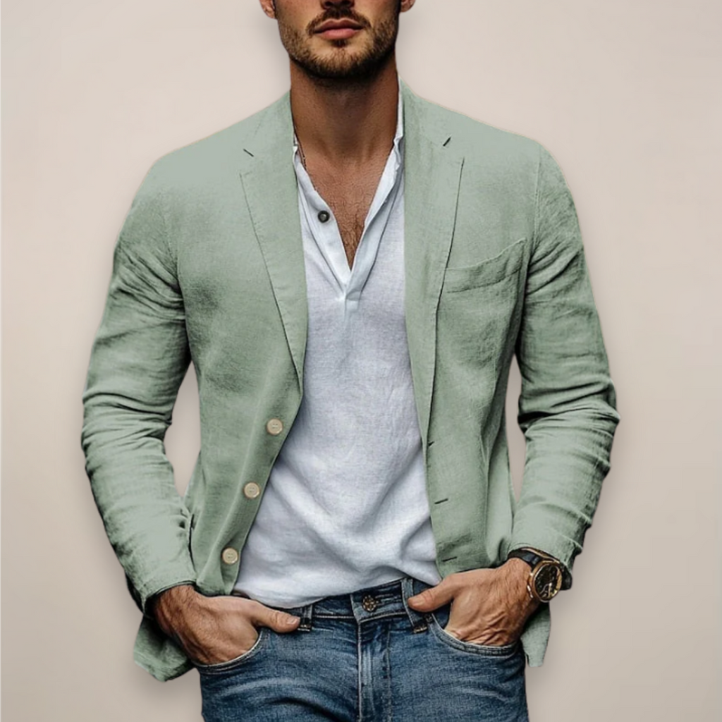 Men's casual blazer with notched lapels, long sleeves and pockets