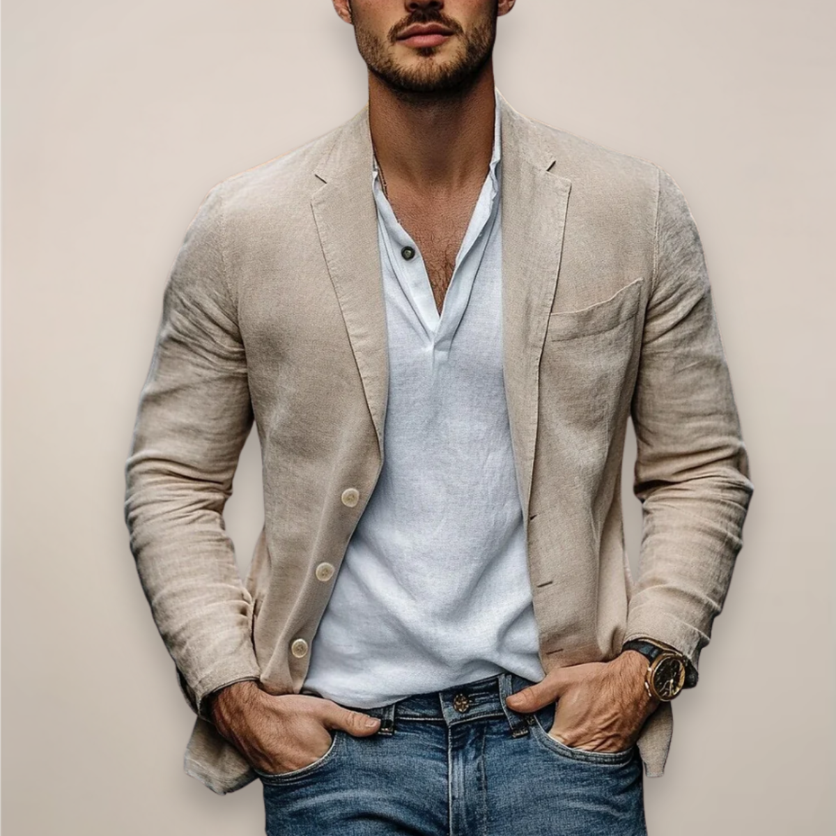 Men's casual blazer with notched lapels, long sleeves and pockets