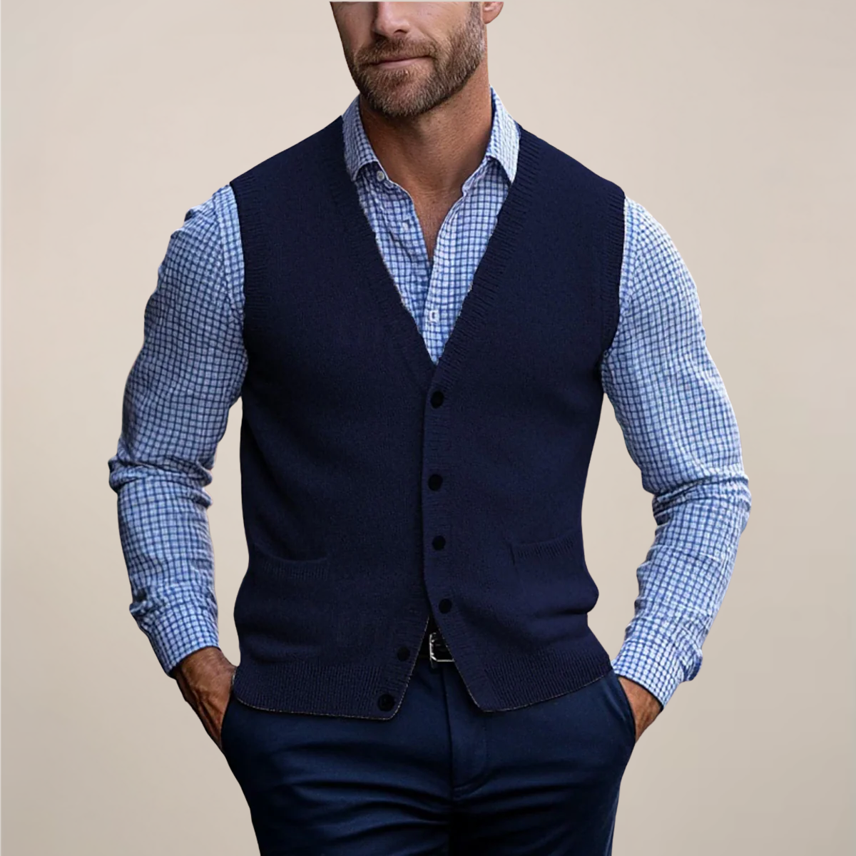 Men's knitted V-neck waistcoat with buttons and front pockets