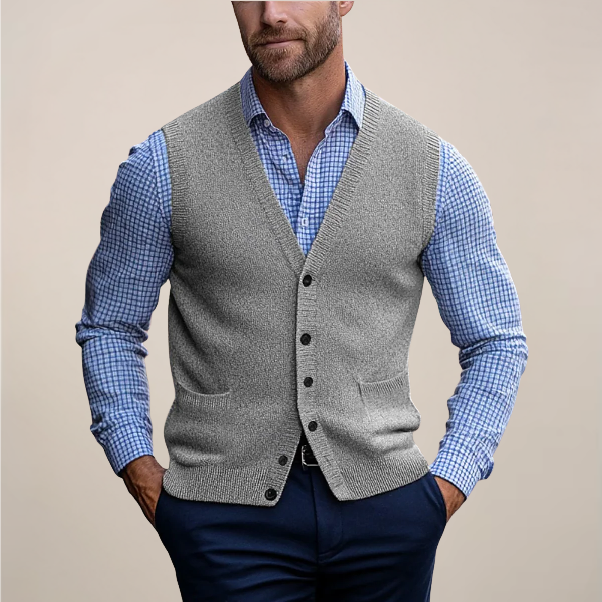 Men's knitted V-neck waistcoat with buttons and front pockets