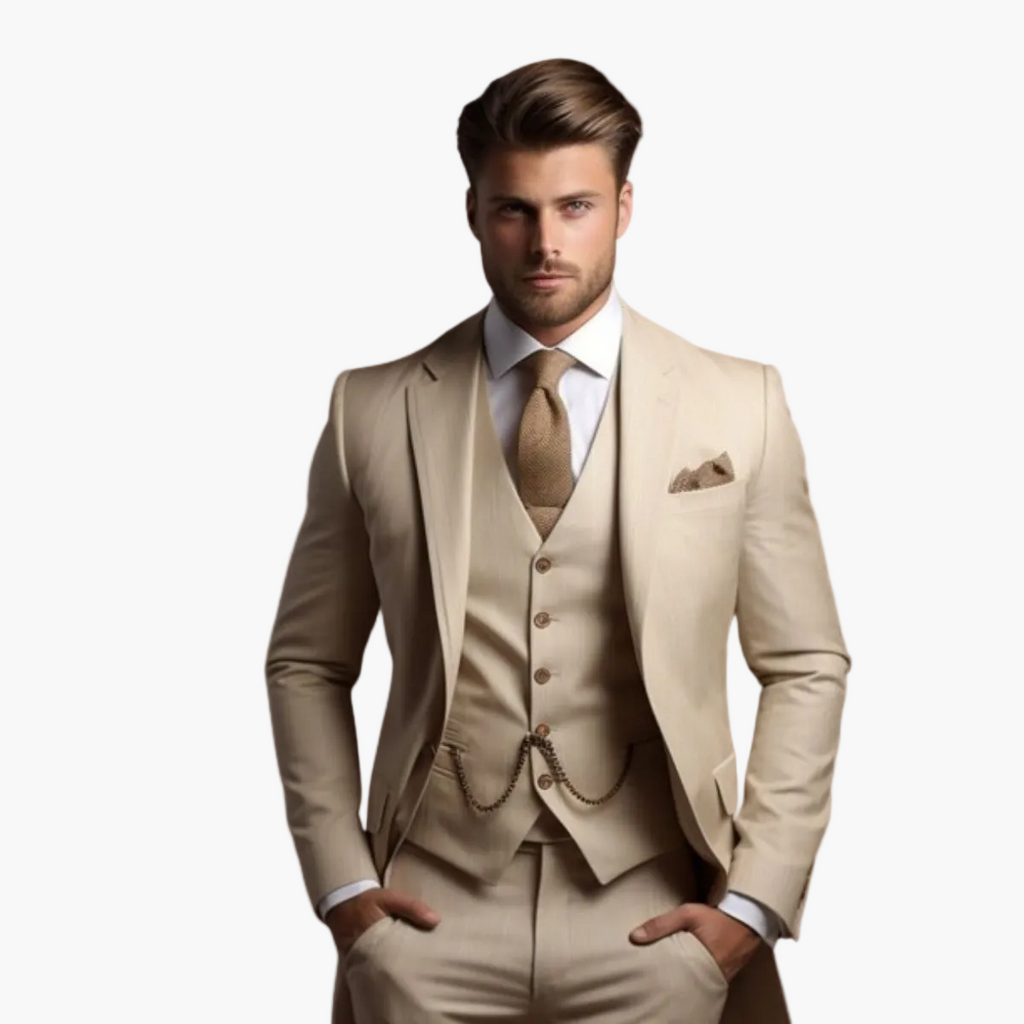 Men's three-piece slim fit suit with notch lapels, waistcoat, trousers and pocket square