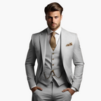 Men's three-piece slim fit suit with notch lapels, waistcoat, trousers and pocket square