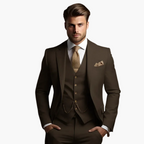 Men's three-piece slim fit suit with notch lapels, waistcoat, trousers and pocket square