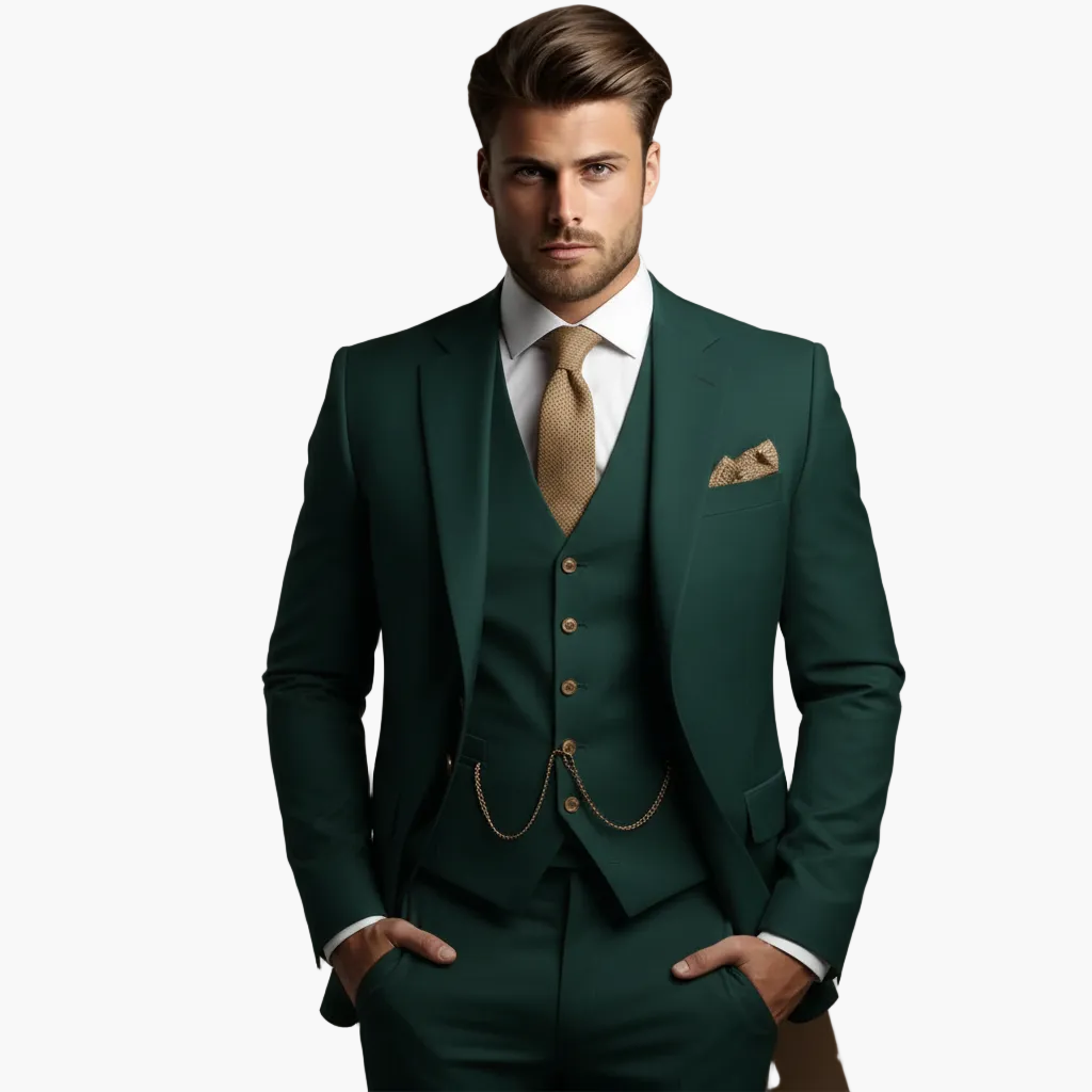 Men's three-piece slim fit suit with notch lapels, waistcoat, trousers and pocket square