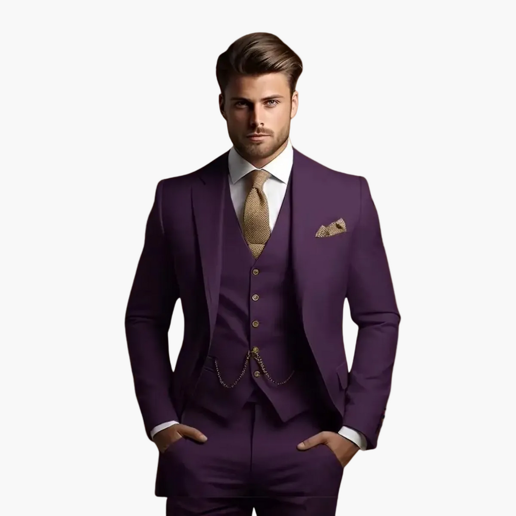 Men's three-piece slim fit suit with notch lapels, waistcoat, trousers and pocket square