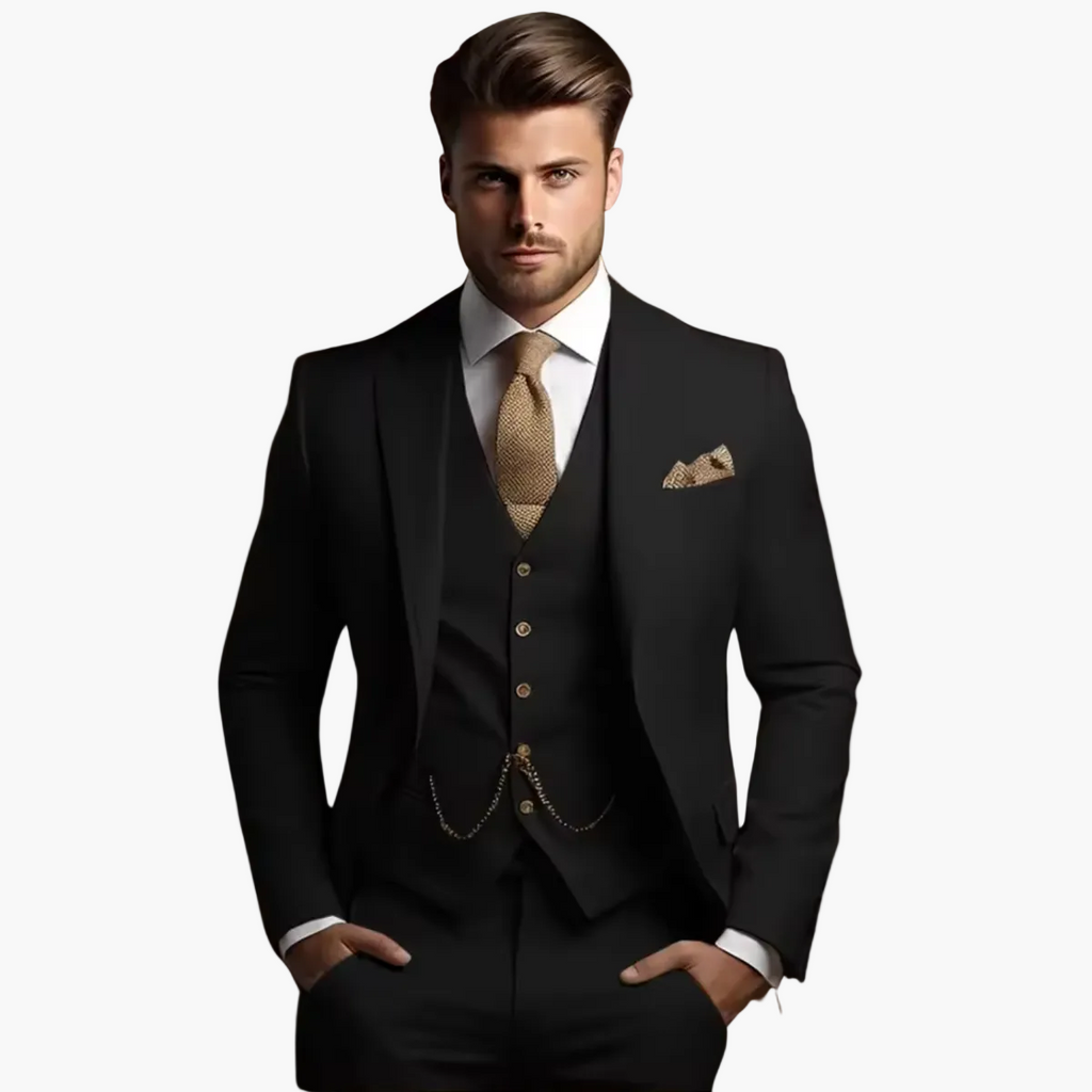 Men's three-piece slim fit suit with notch lapels, waistcoat, trousers and pocket square