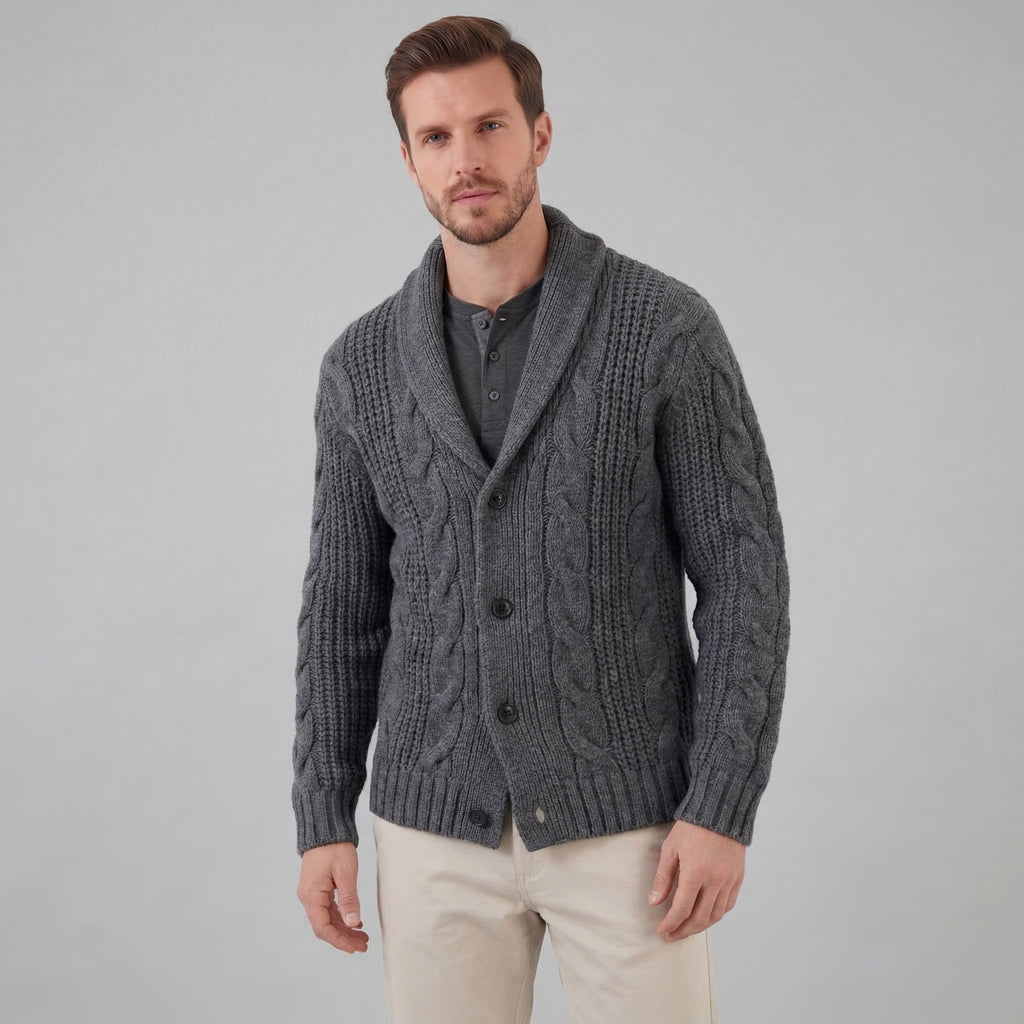 Men's cable knit cardigan with shawl collar and button front