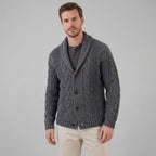 Men's cable knit cardigan with shawl collar and button front