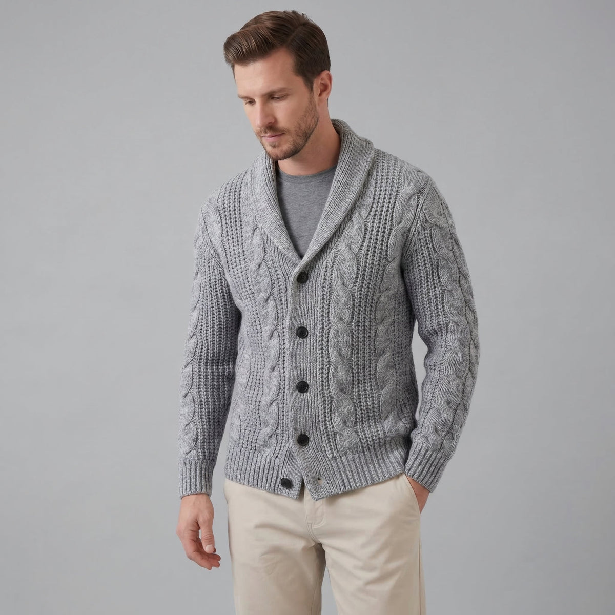 Men's cable knit cardigan with shawl collar and button front
