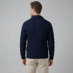 Men's cable knit cardigan with shawl collar and button front
