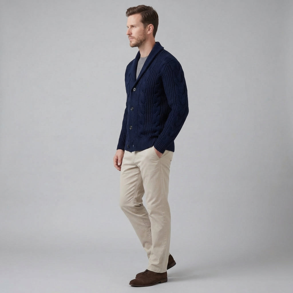 Men's cable knit cardigan with shawl collar and button front
