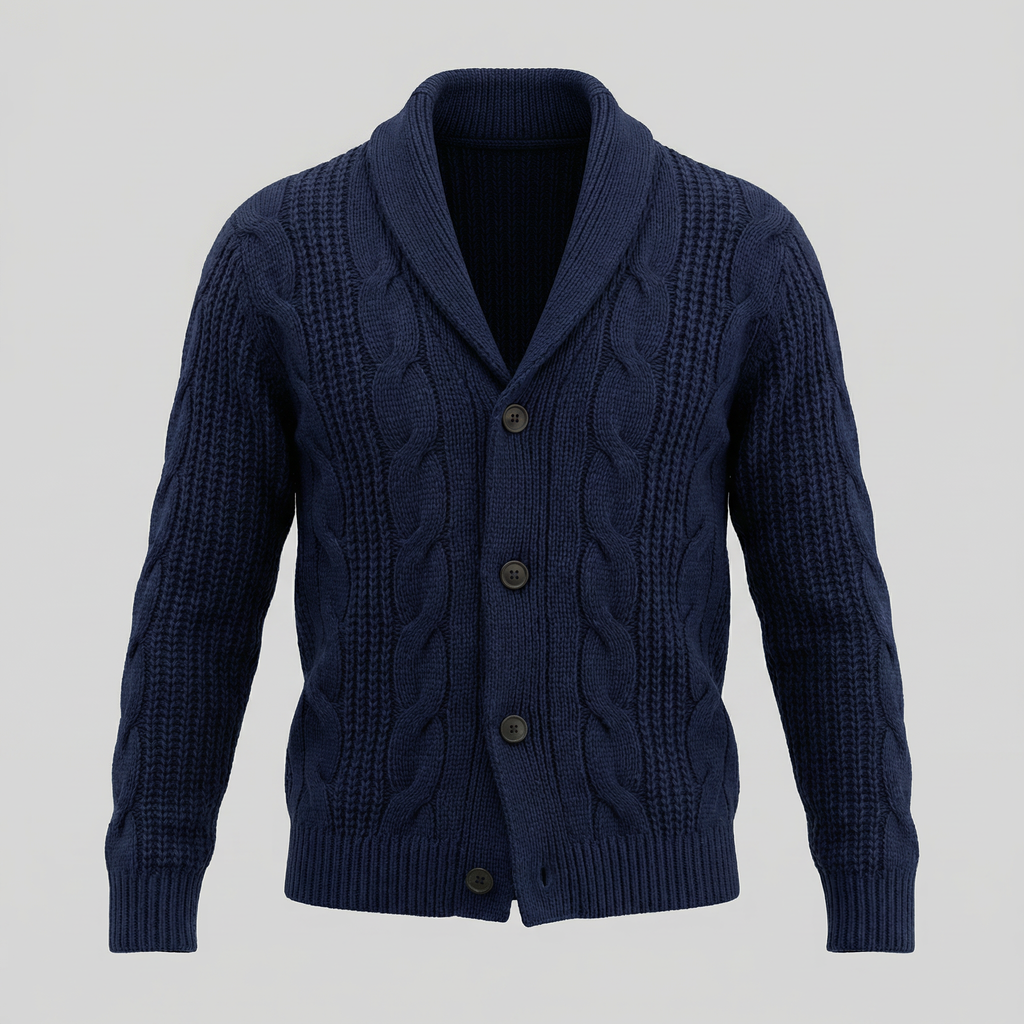 Men's cable knit cardigan with shawl collar and button front