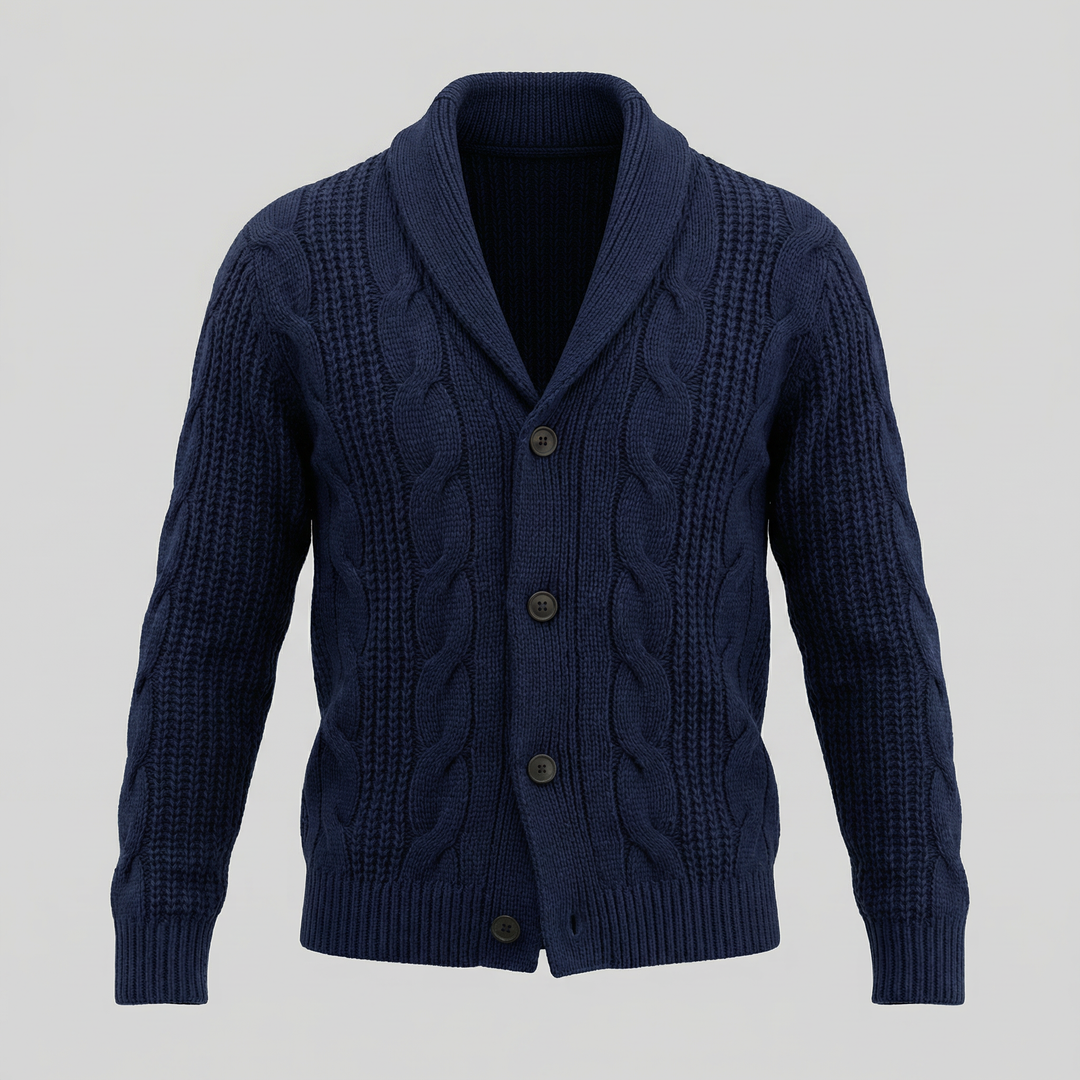 Men's cable knit cardigan with shawl collar and button front