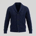 Men's cable knit cardigan with shawl collar and button front