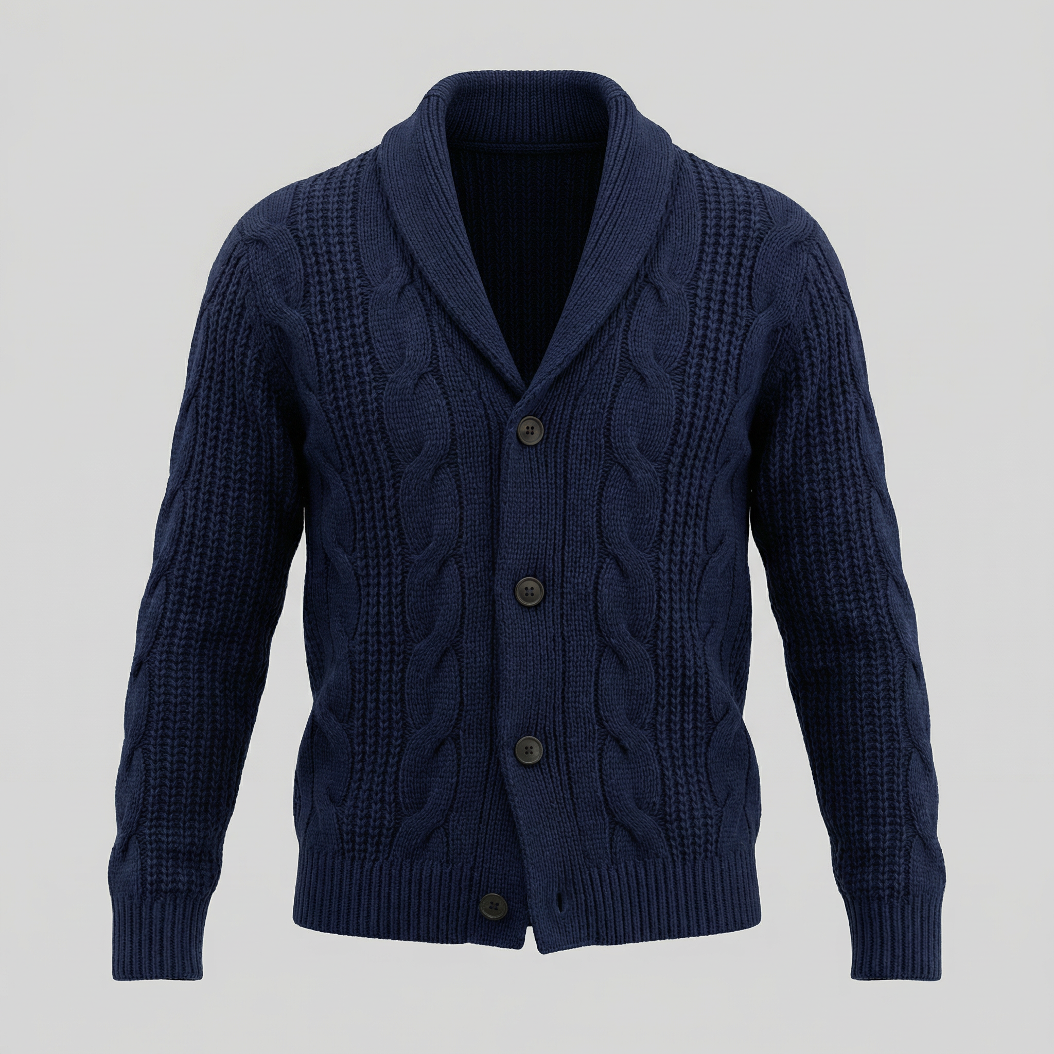 Men's cable knit cardigan with shawl collar and button front