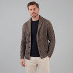 Men's cable knit cardigan with shawl collar and button front