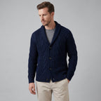 Men's cable knit cardigan with shawl collar and button front