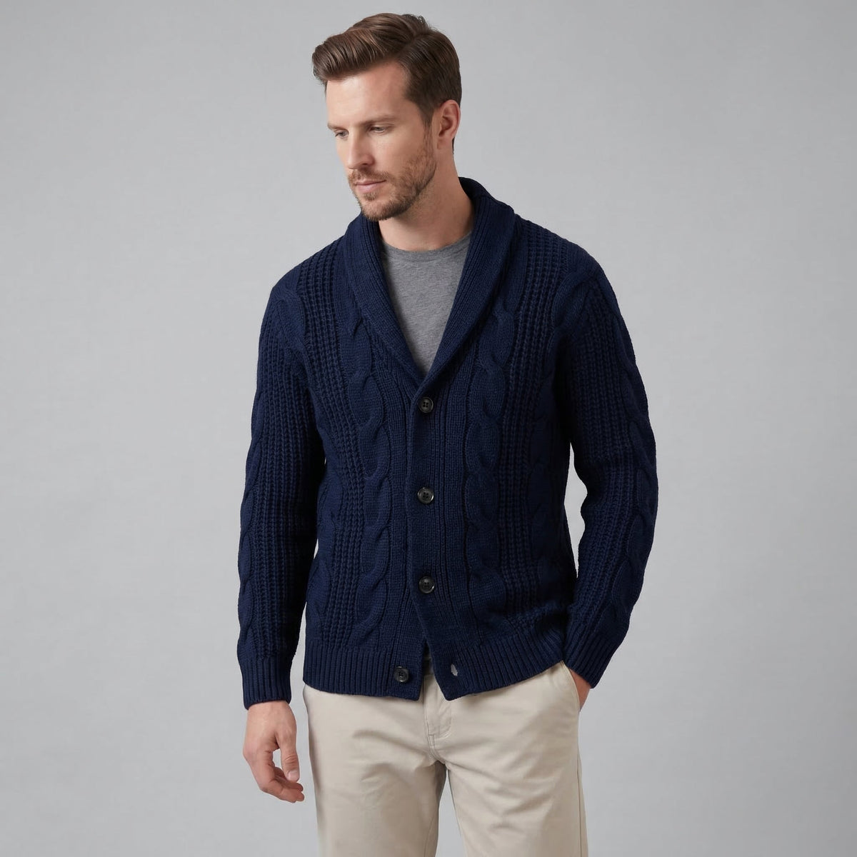 Men's cable knit cardigan with shawl collar and button front