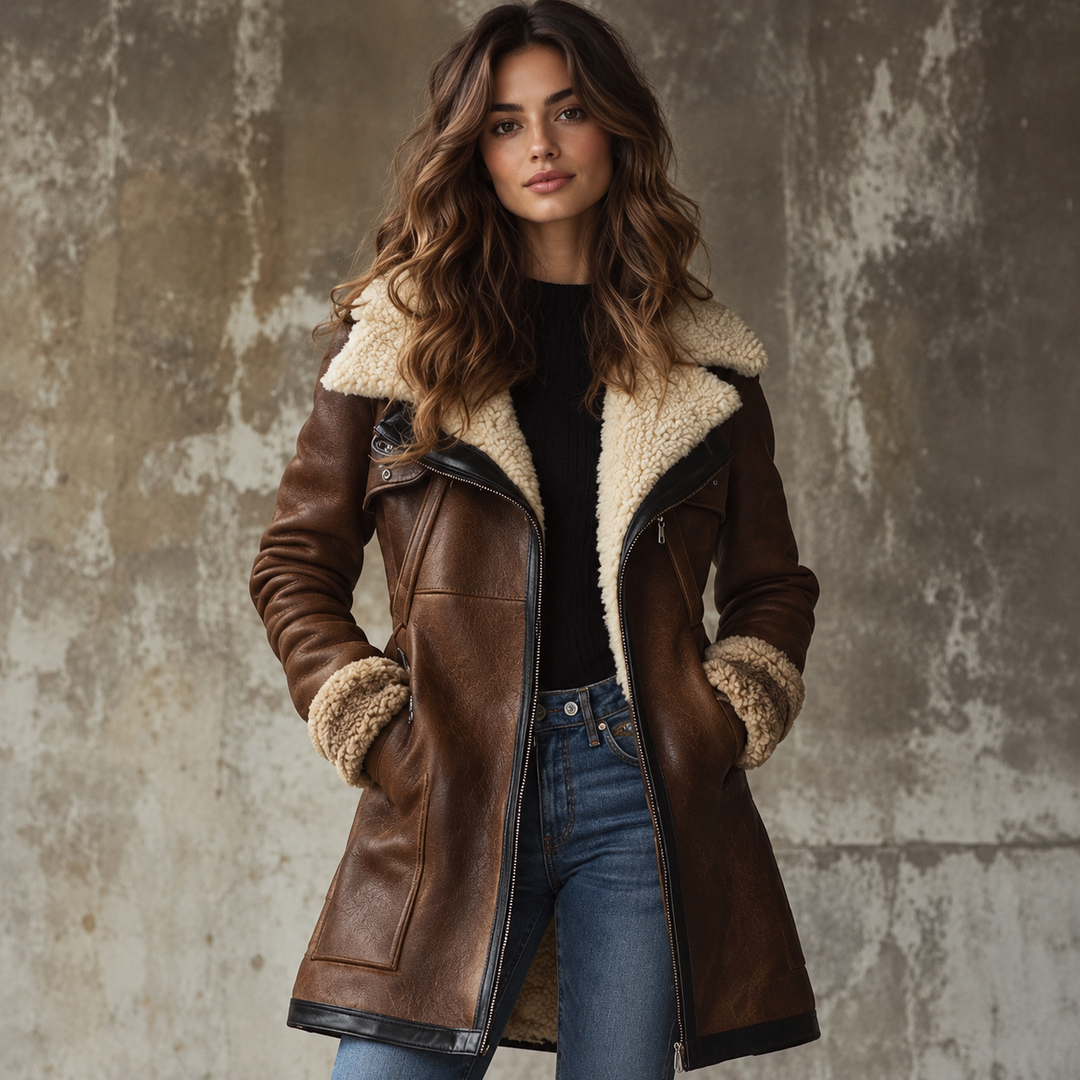 Women's Long Vintage Faux Leather Coat with Faux Fur Collar