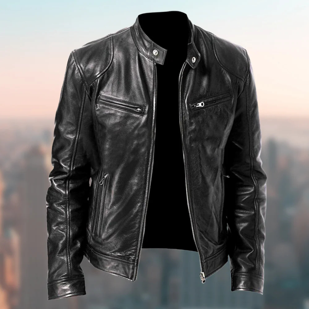 Men's structured leather jacket with zip front and stand collar
