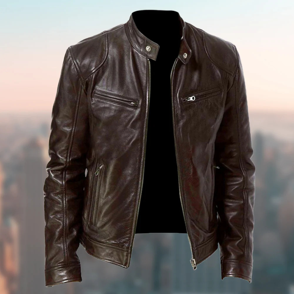 Men's structured leather jacket with zip front and stand collar