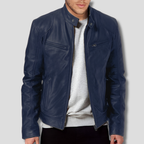 Men's structured leather jacket with zip front and stand collar
