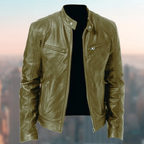 Men's structured leather jacket with zip front and stand collar