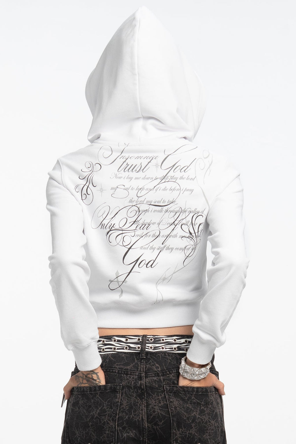 Women's white cropped hoodie with hood, zip front and script graphic prints