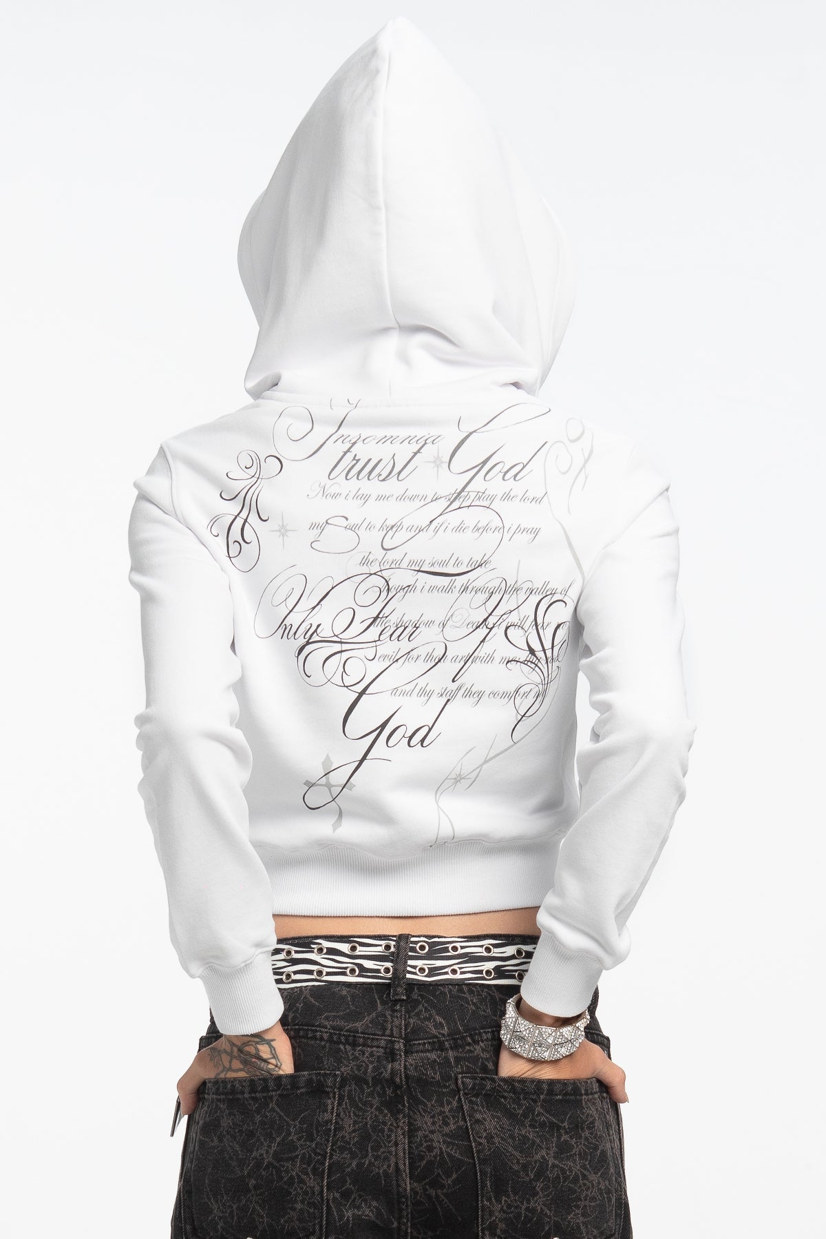 Women's white cropped hoodie with hood, zip front and script graphic prints