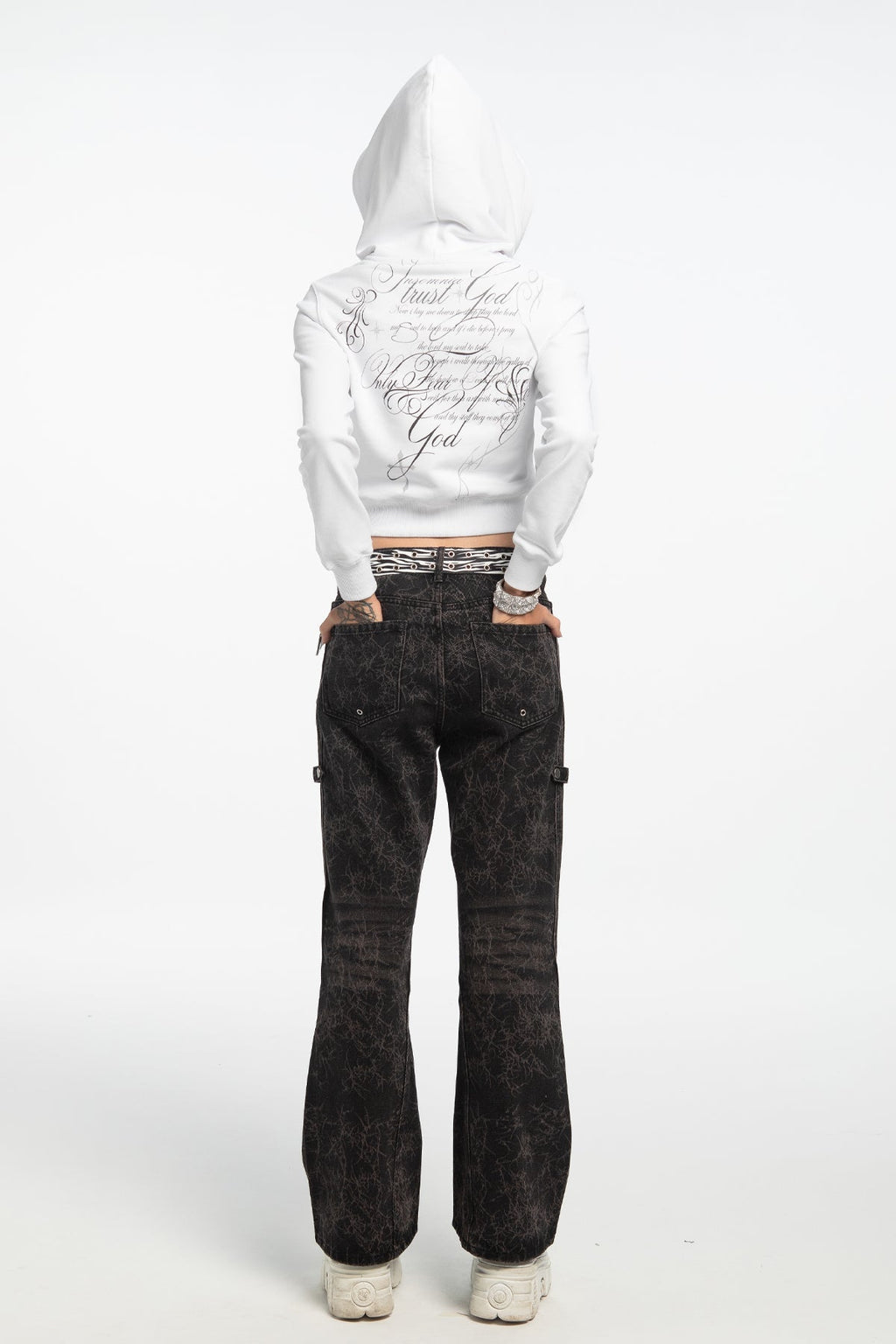 Women's white cropped hoodie with hood, zip front and script graphic prints