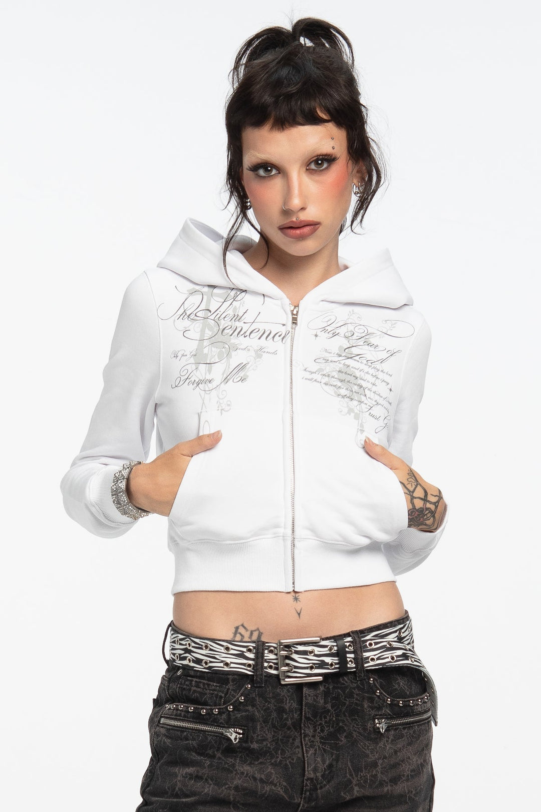 Women's white cropped hoodie with hood, zip front and script graphic prints