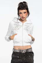 Women's white cropped hoodie with hood, zip front and script graphic prints