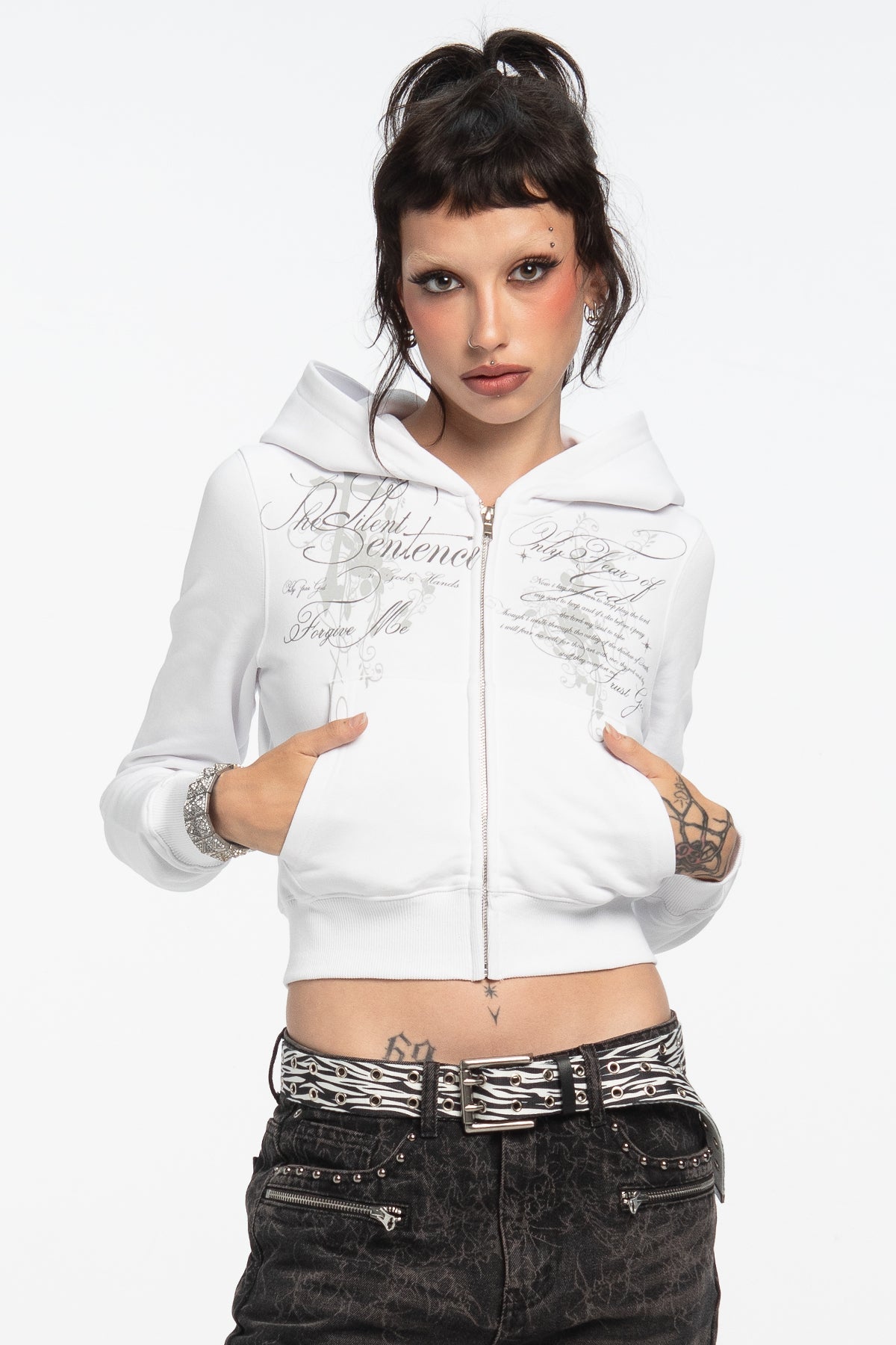 Women's white cropped hoodie with hood, zip front and script graphic prints