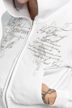 Women's white cropped hoodie with hood, zip front and script graphic prints