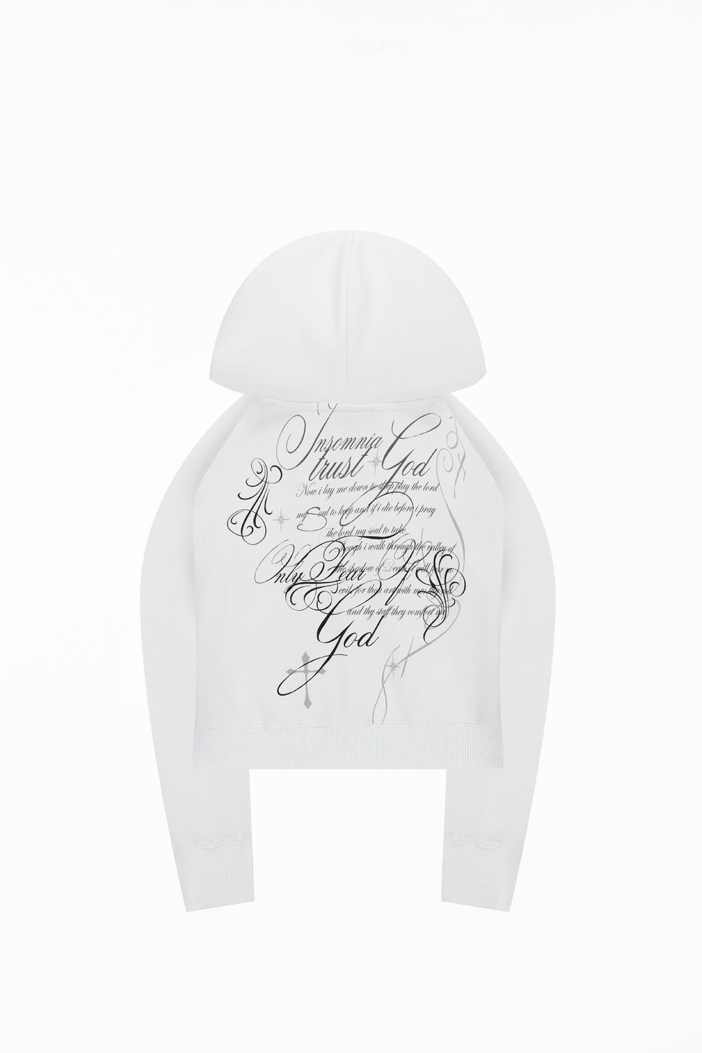 Women's white cropped hoodie with hood, zip front and script graphic prints