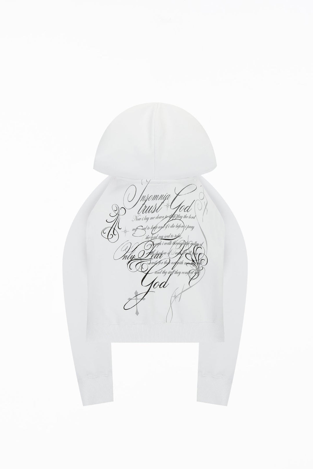Women's white cropped hoodie with hood, zip front and script graphic prints