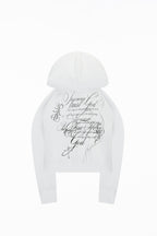 Women's white cropped hoodie with hood, zip front and script graphic prints
